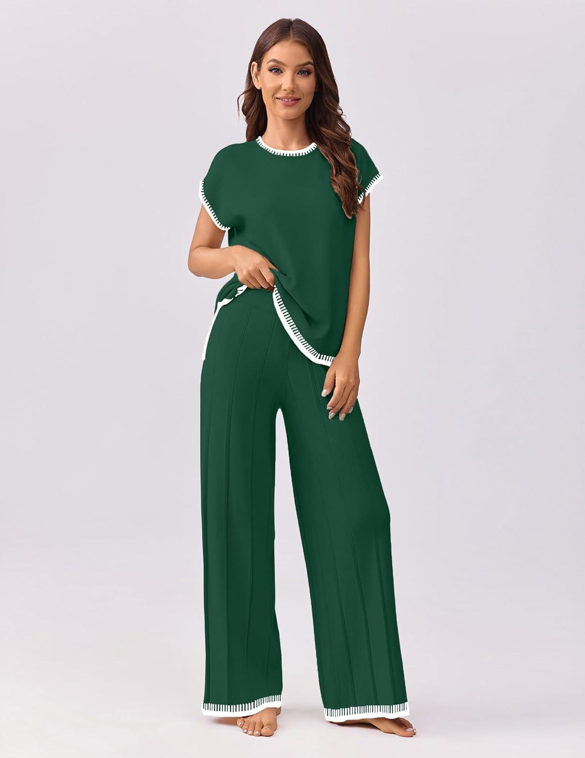 imageEkouaer Womens Matching Sets Knit Sweater Sets 2 Pieces Outfits Pullover Tops Wide Legs Pants Lounge SetBright Green