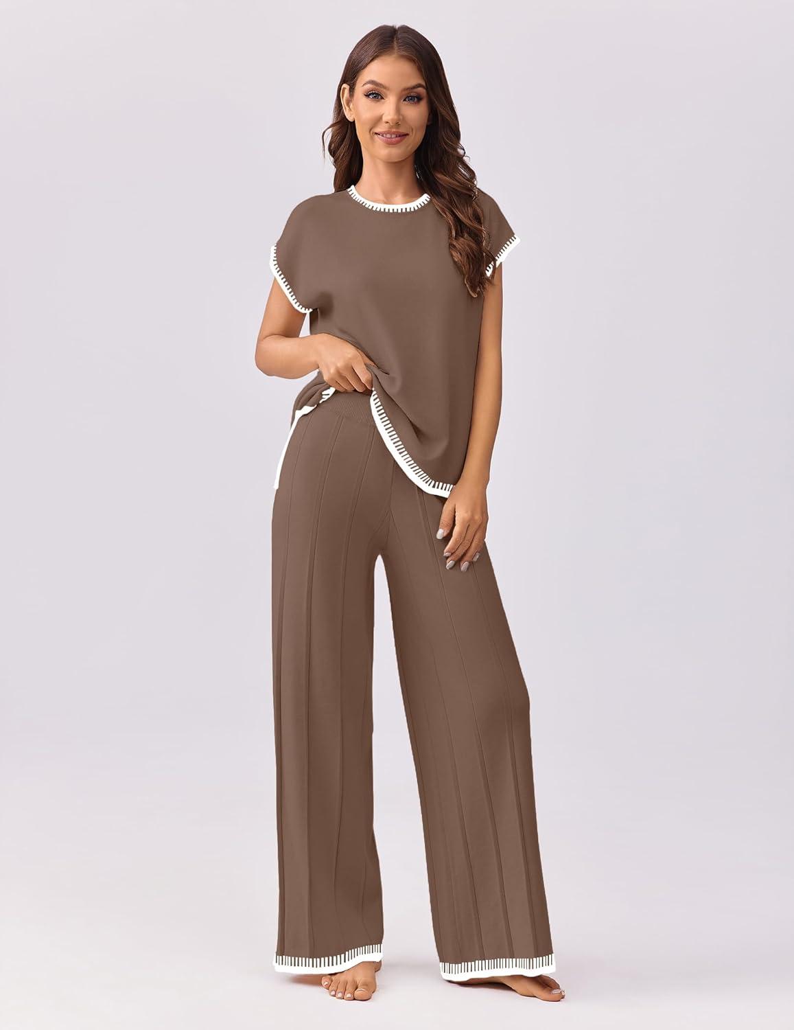 imageEkouaer Womens Matching Sets Knit Sweater Sets 2 Pieces Outfits Pullover Tops Wide Legs Pants Lounge SetBrown