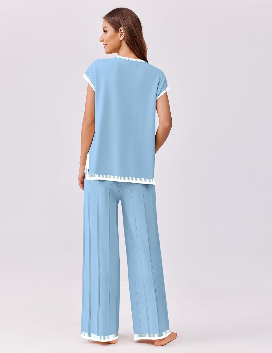 imageEkouaer Womens Matching Sets Knit Sweater Sets 2 Pieces Outfits Pullover Tops Wide Legs Pants Lounge SetClear Blue