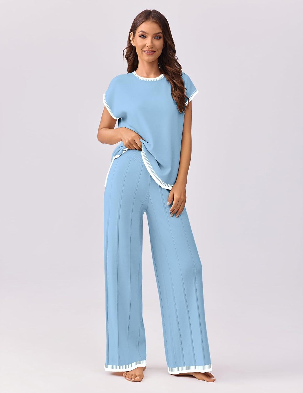 imageEkouaer Womens Matching Sets Knit Sweater Sets 2 Pieces Outfits Pullover Tops Wide Legs Pants Lounge SetClear Blue