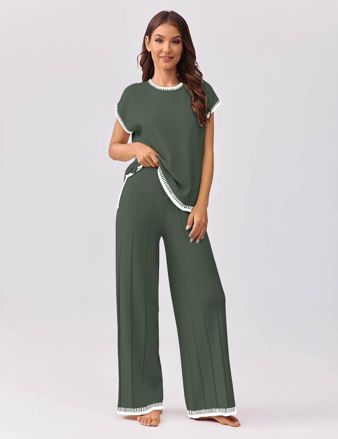 imageEkouaer Womens Matching Sets Knit Sweater Sets 2 Pieces Outfits Pullover Tops Wide Legs Pants Lounge SetDeep Green