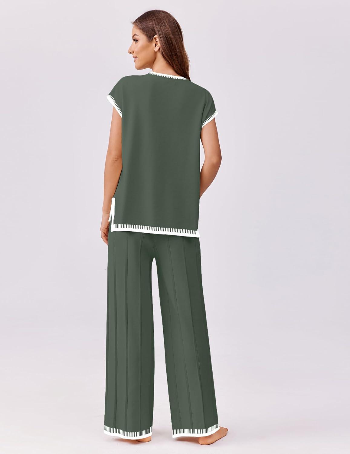 imageEkouaer Womens Matching Sets Knit Sweater Sets 2 Pieces Outfits Pullover Tops Wide Legs Pants Lounge SetDeep Green