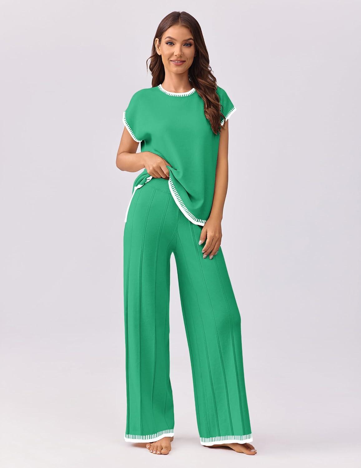 imageEkouaer Womens Matching Sets Knit Sweater Sets 2 Pieces Outfits Pullover Tops Wide Legs Pants Lounge SetGreen