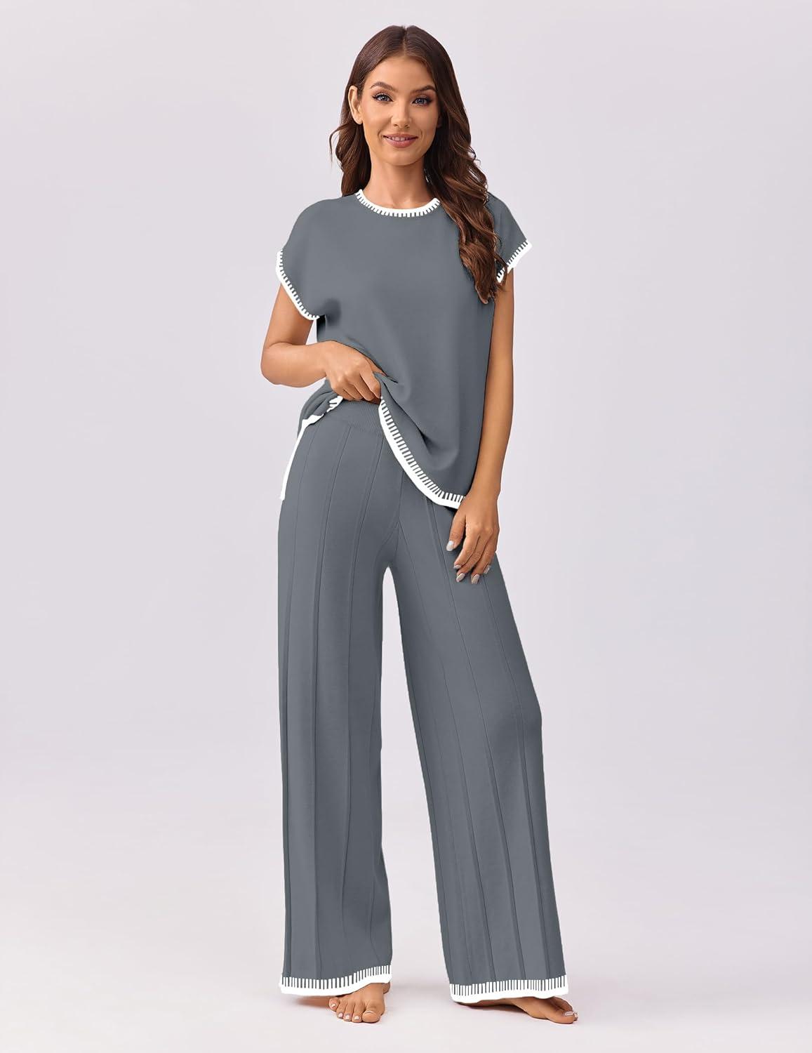 imageEkouaer Womens Matching Sets Knit Sweater Sets 2 Pieces Outfits Pullover Tops Wide Legs Pants Lounge SetGrey