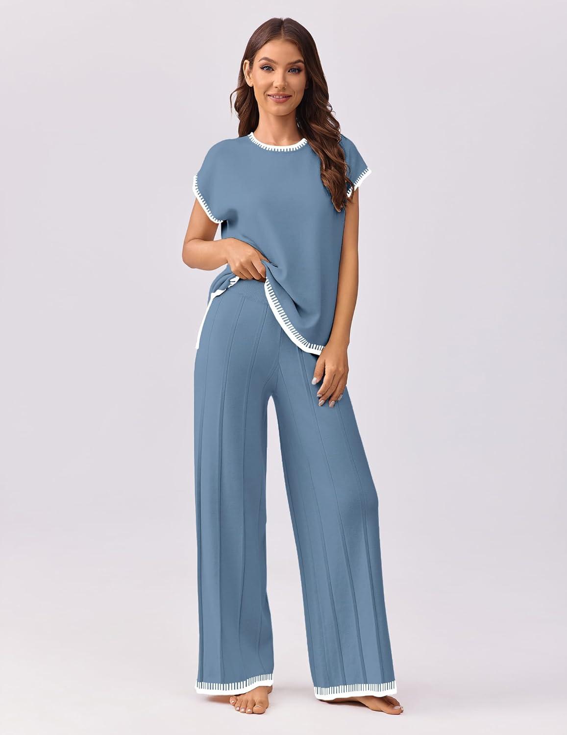 imageEkouaer Womens Matching Sets Knit Sweater Sets 2 Pieces Outfits Pullover Tops Wide Legs Pants Lounge SetGrey Blue