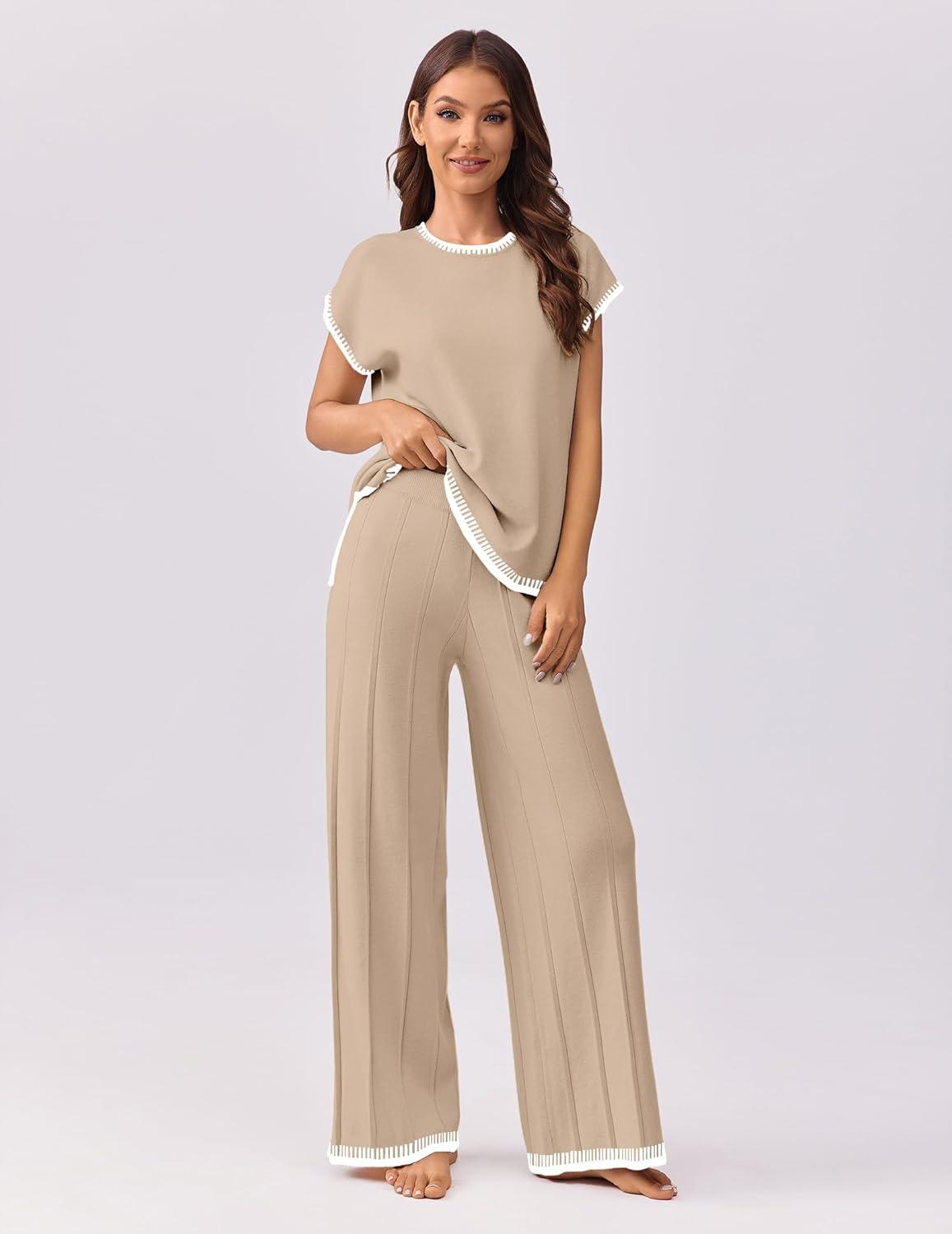 imageEkouaer Womens Matching Sets Knit Sweater Sets 2 Pieces Outfits Pullover Tops Wide Legs Pants Lounge SetKhaki