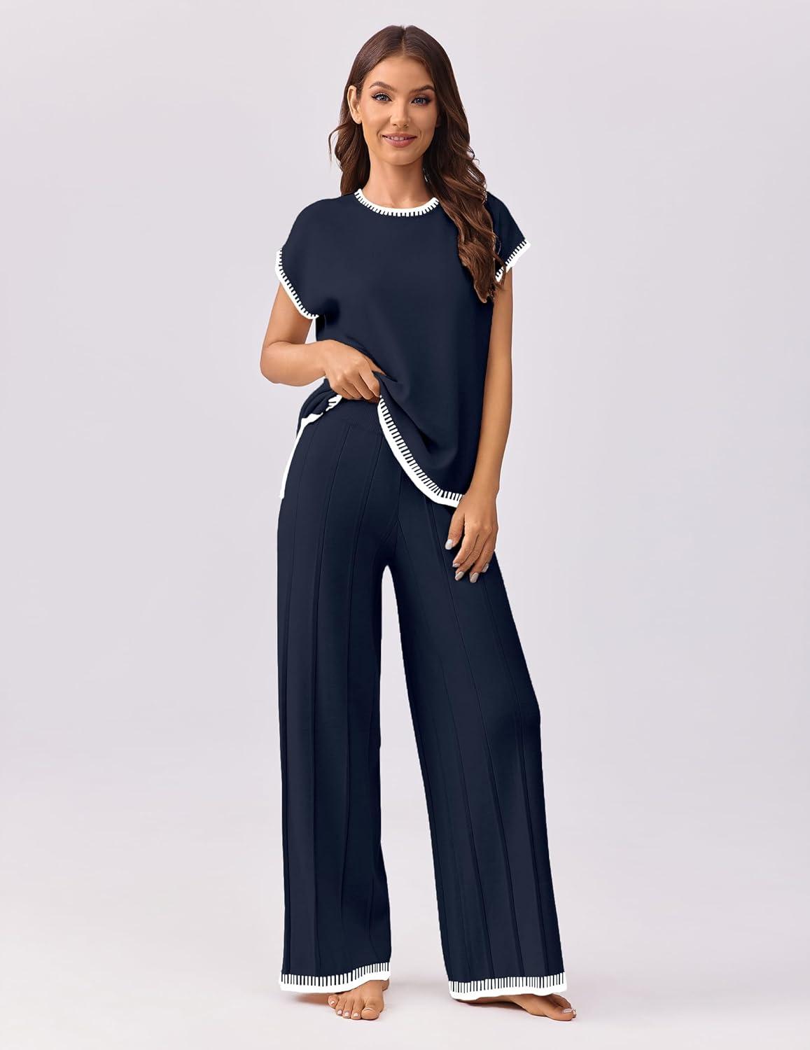 imageEkouaer Womens Matching Sets Knit Sweater Sets 2 Pieces Outfits Pullover Tops Wide Legs Pants Lounge SetNavy Blue