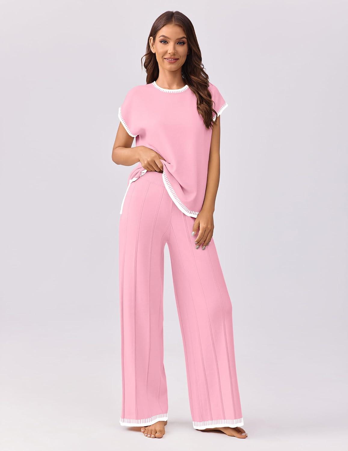 imageEkouaer Womens Matching Sets Knit Sweater Sets 2 Pieces Outfits Pullover Tops Wide Legs Pants Lounge SetPink