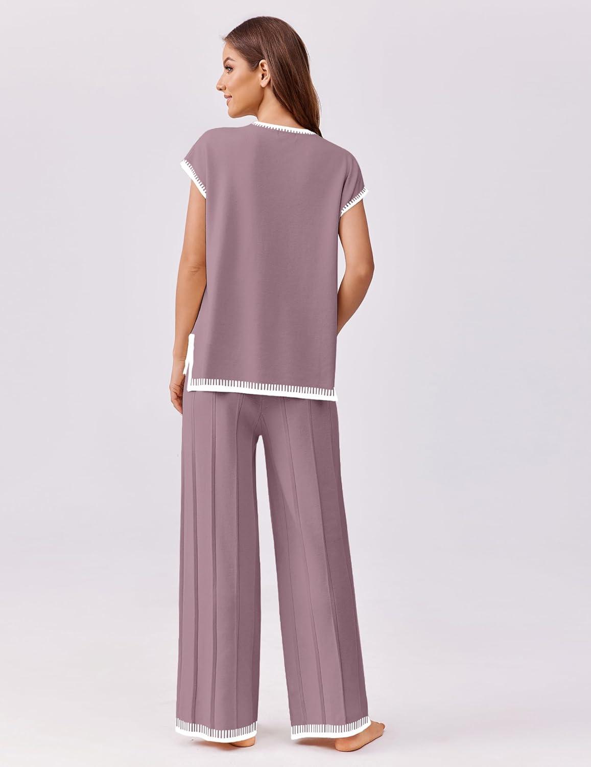 imageEkouaer Womens Matching Sets Knit Sweater Sets 2 Pieces Outfits Pullover Tops Wide Legs Pants Lounge SetPurple