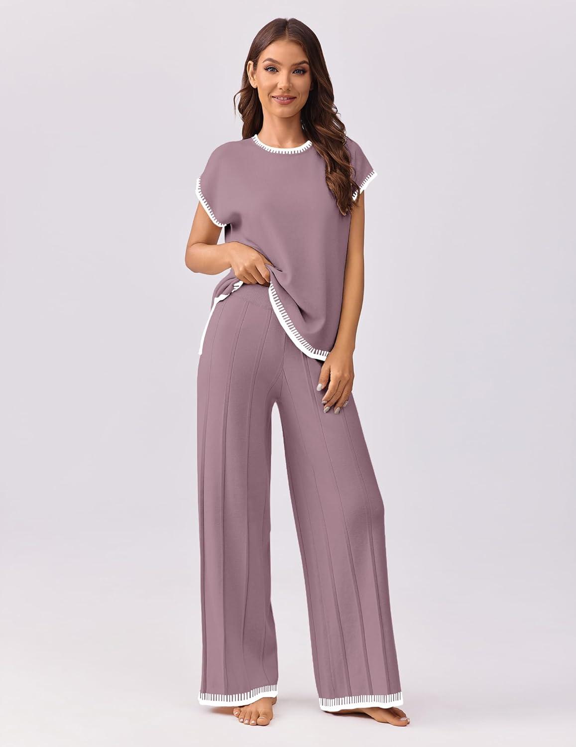 imageEkouaer Womens Matching Sets Knit Sweater Sets 2 Pieces Outfits Pullover Tops Wide Legs Pants Lounge SetPurple