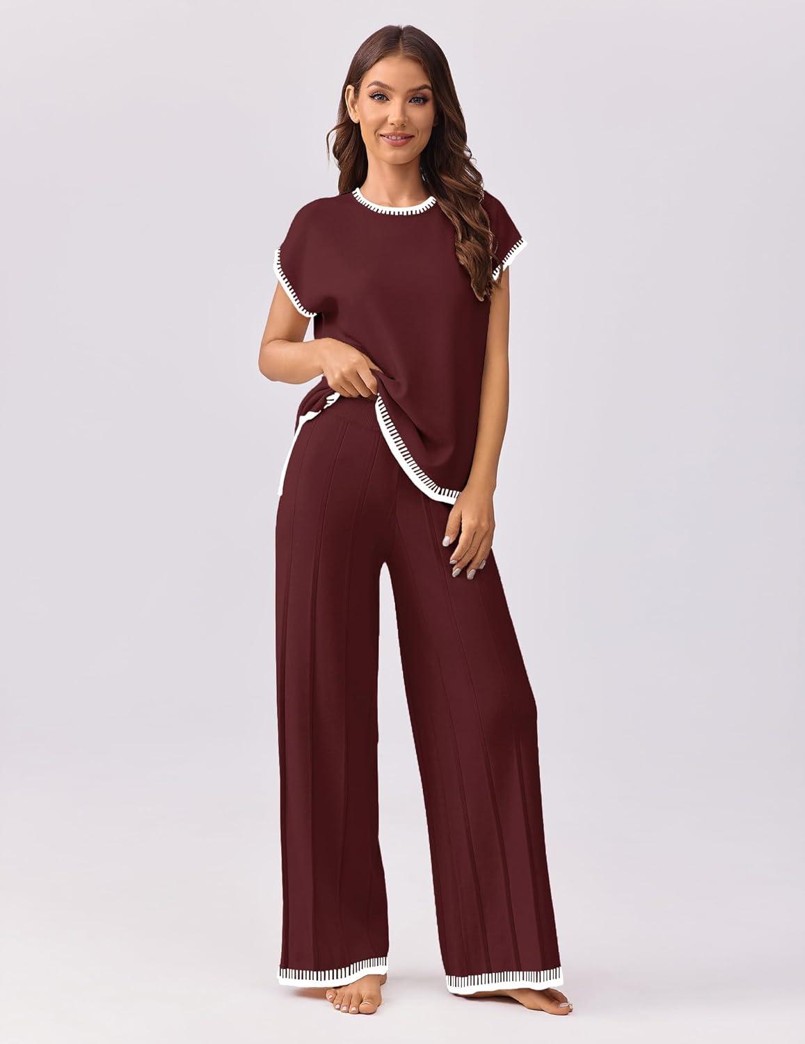 imageEkouaer Womens Matching Sets Knit Sweater Sets 2 Pieces Outfits Pullover Tops Wide Legs Pants Lounge SetRed