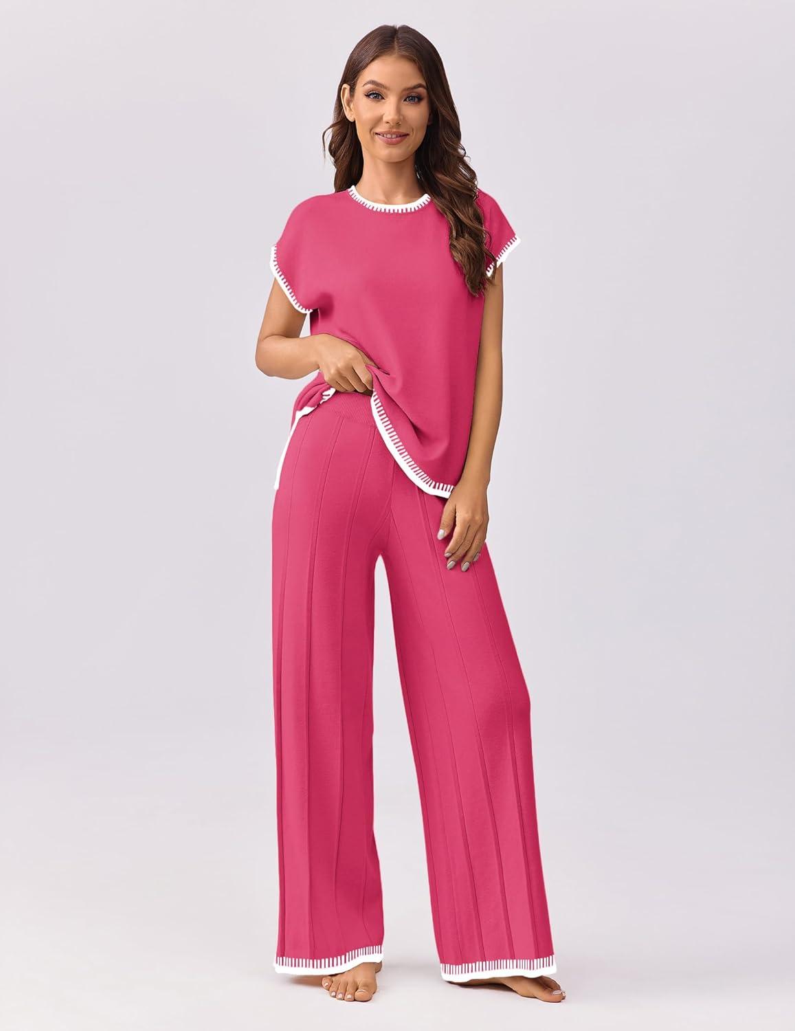 imageEkouaer Womens Matching Sets Knit Sweater Sets 2 Pieces Outfits Pullover Tops Wide Legs Pants Lounge SetRose Red