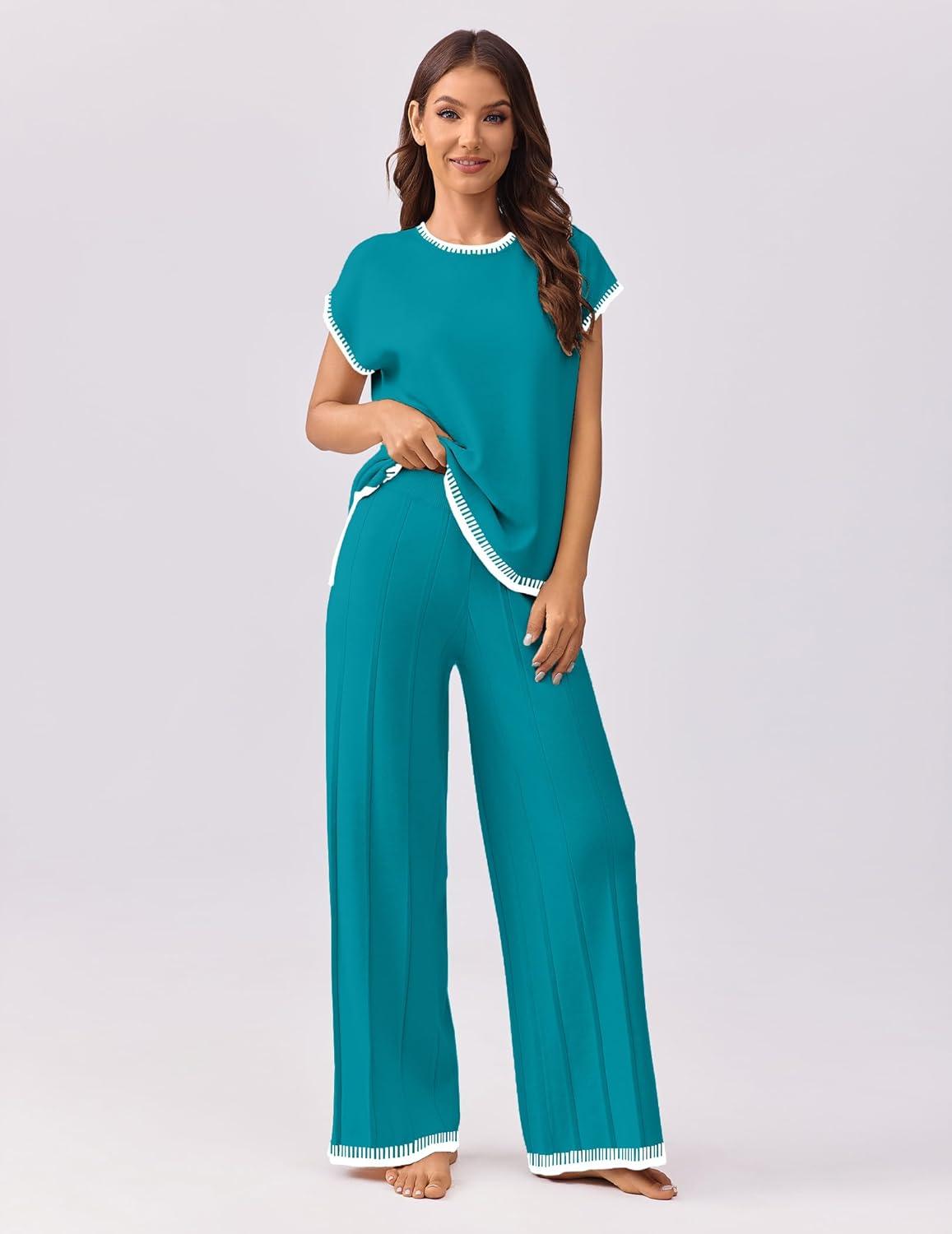 imageEkouaer Womens Matching Sets Knit Sweater Sets 2 Pieces Outfits Pullover Tops Wide Legs Pants Lounge SetSky Blue