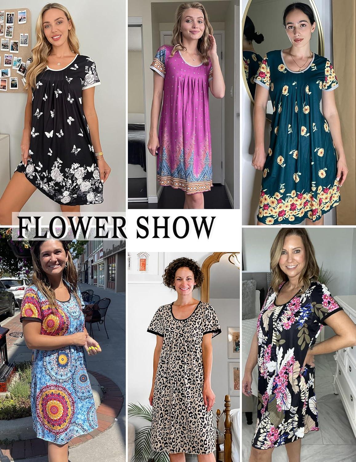 imageEkouaer Womens Nightgown Short Sleeve Sleepwear Comfy Sleepshirts Pleated Scoopneck Nightshirt SXXXLYellow Rose Flower