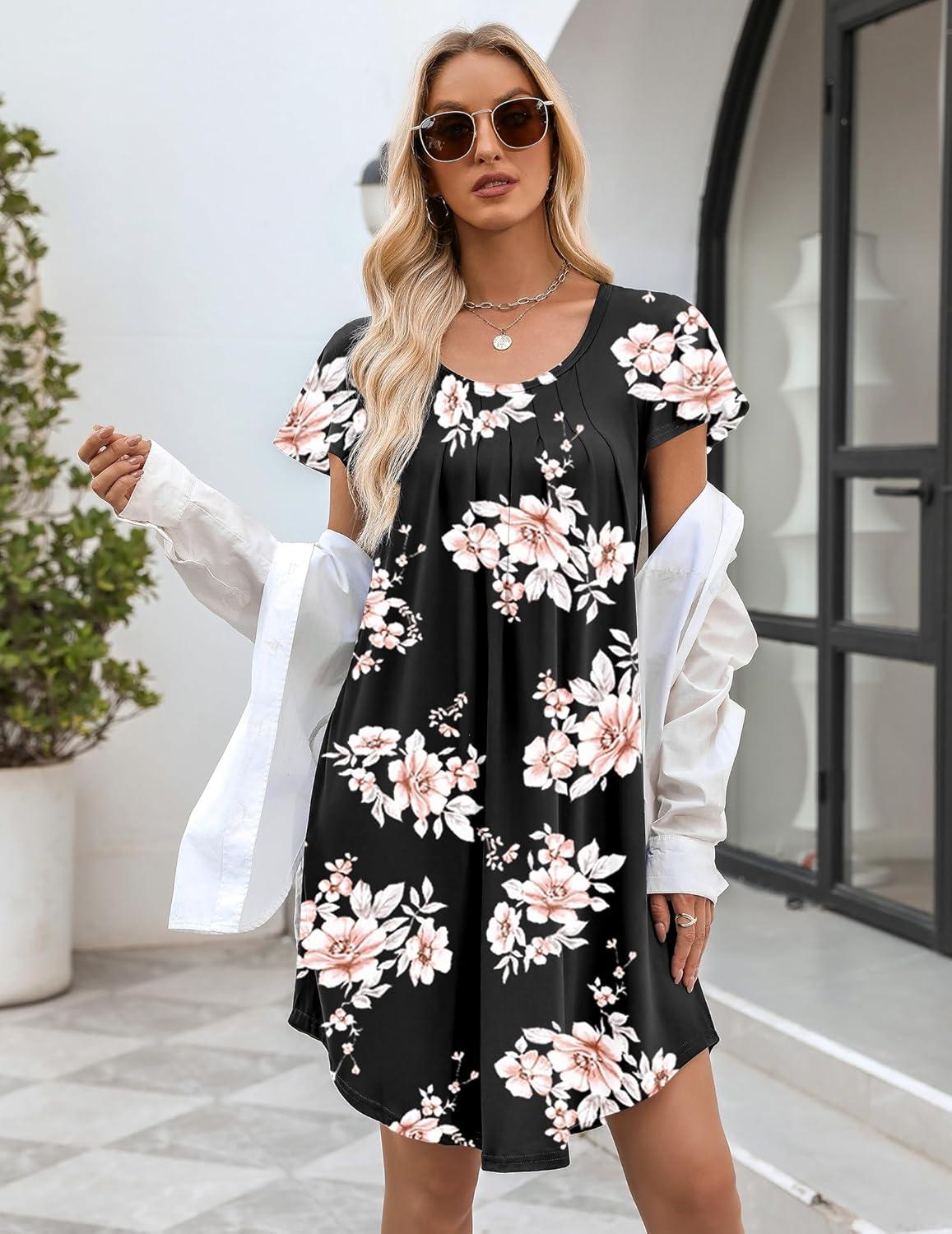 imageEkouaer Womens Nightgown Soft Sleepwear Pleated Sleepshirt Sleep Dress Short Sleeve Nightdress S3XLBlack Pink Flower