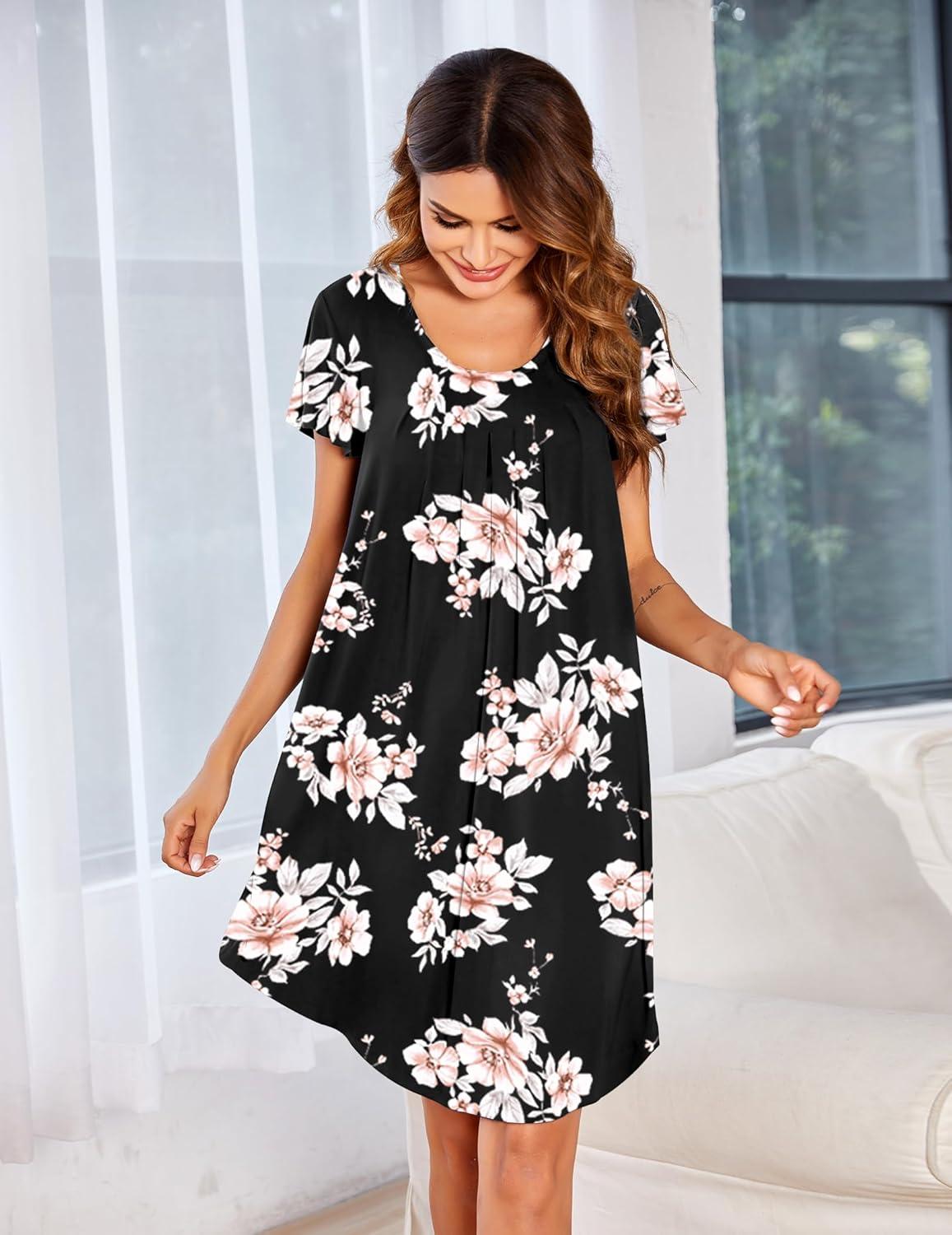 imageEkouaer Womens Nightgown Soft Sleepwear Pleated Sleepshirt Sleep Dress Short Sleeve Nightdress S3XLBlack Pink Flower