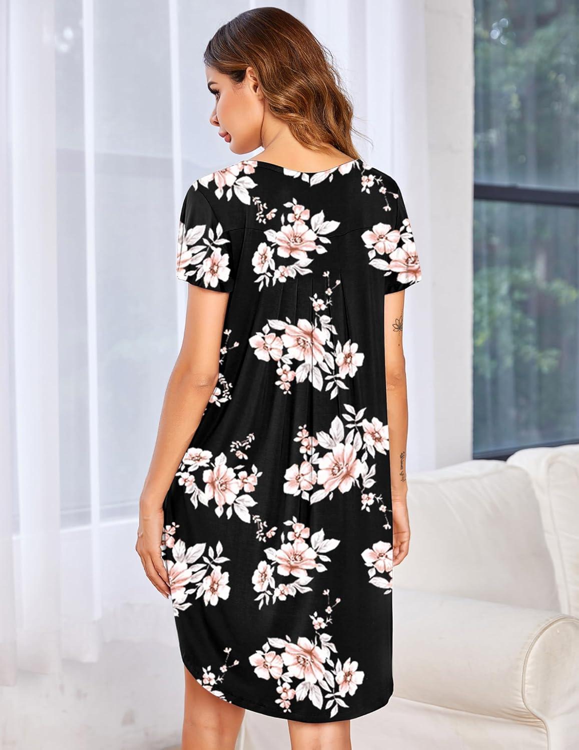 imageEkouaer Womens Nightgown Soft Sleepwear Pleated Sleepshirt Sleep Dress Short Sleeve Nightdress S3XLBlack Pink Flower