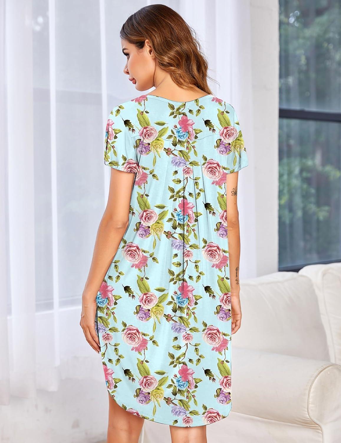 imageEkouaer Womens Nightgown Soft Sleepwear Pleated Sleepshirt Sleep Dress Short Sleeve Nightdress S3XLBlue Purple Flower