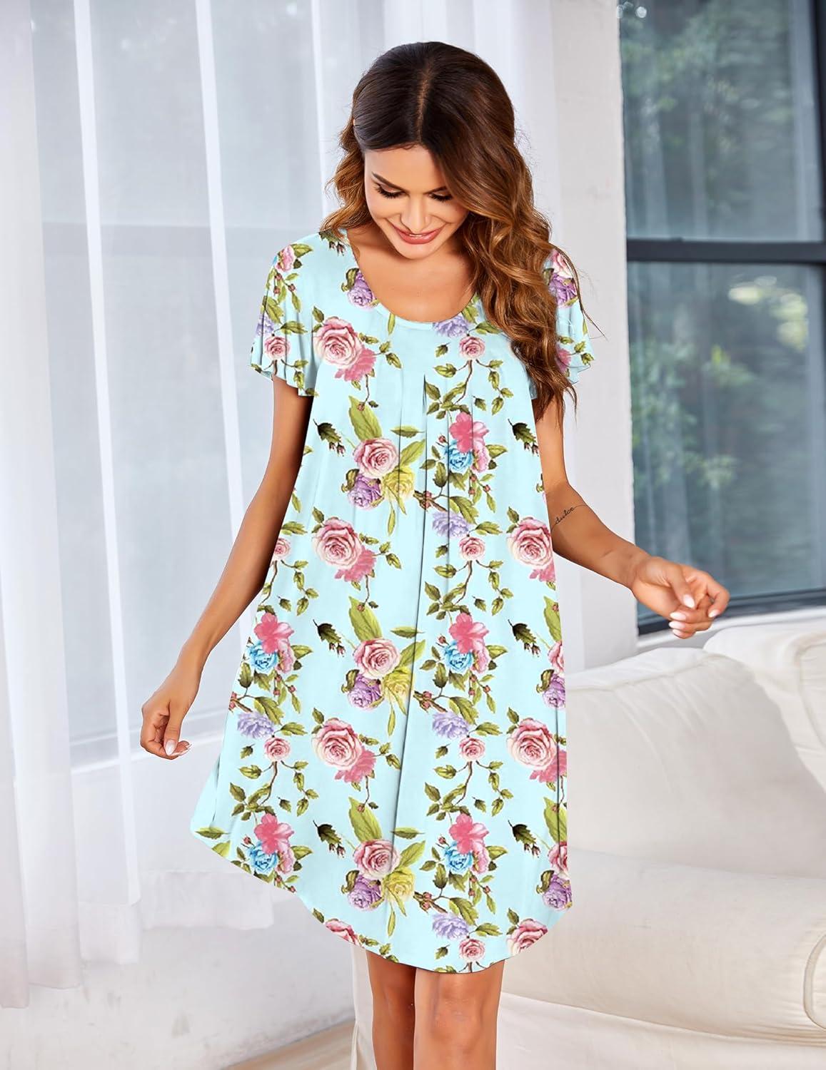 imageEkouaer Womens Nightgown Soft Sleepwear Pleated Sleepshirt Sleep Dress Short Sleeve Nightdress S3XLBlue Purple Flower
