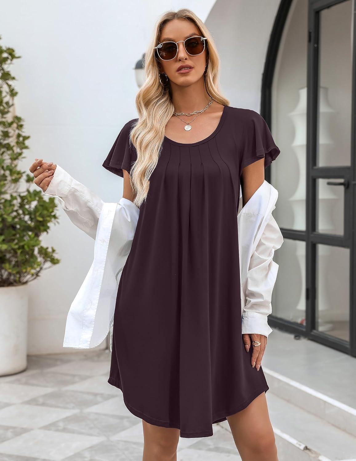 imageEkouaer Womens Nightgown Soft Sleepwear Pleated Sleepshirt Sleep Dress Short Sleeve Nightdress S3XLCherry Red