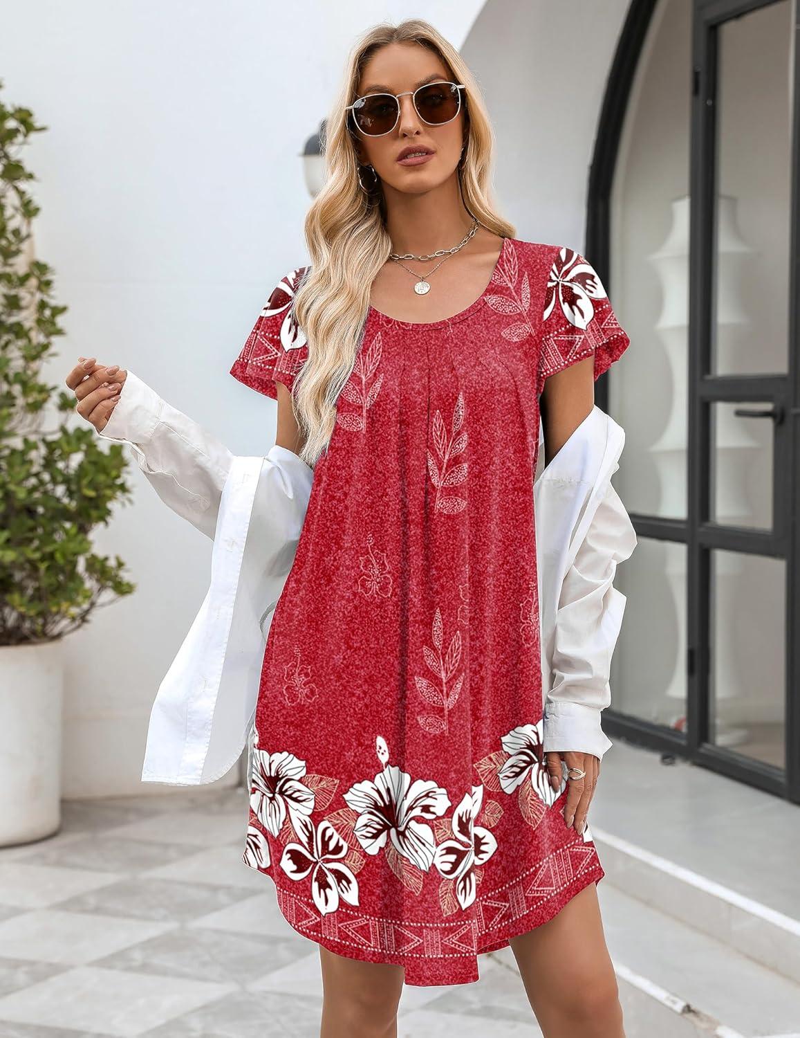 imageEkouaer Womens Nightgown Soft Sleepwear Pleated Sleepshirt Sleep Dress Short Sleeve Nightdress S3XLFloral Red