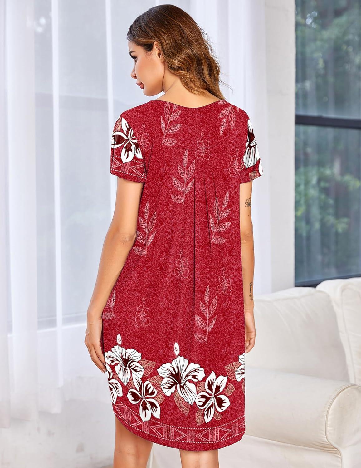 imageEkouaer Womens Nightgown Soft Sleepwear Pleated Sleepshirt Sleep Dress Short Sleeve Nightdress S3XLFloral Red