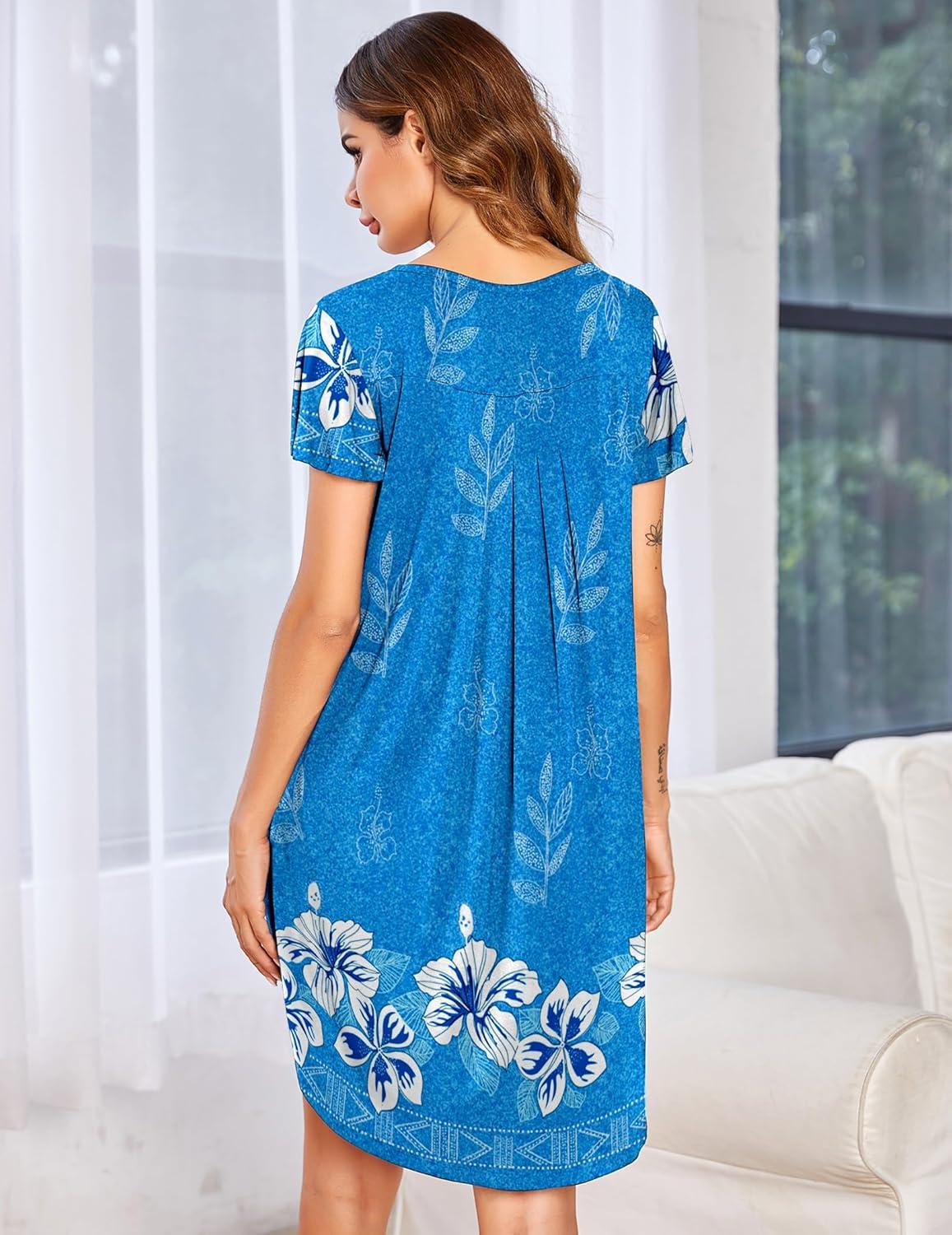 imageEkouaer Womens Nightgown Soft Sleepwear Pleated Sleepshirt Sleep Dress Short Sleeve Nightdress S3XLFloral Sky Blue