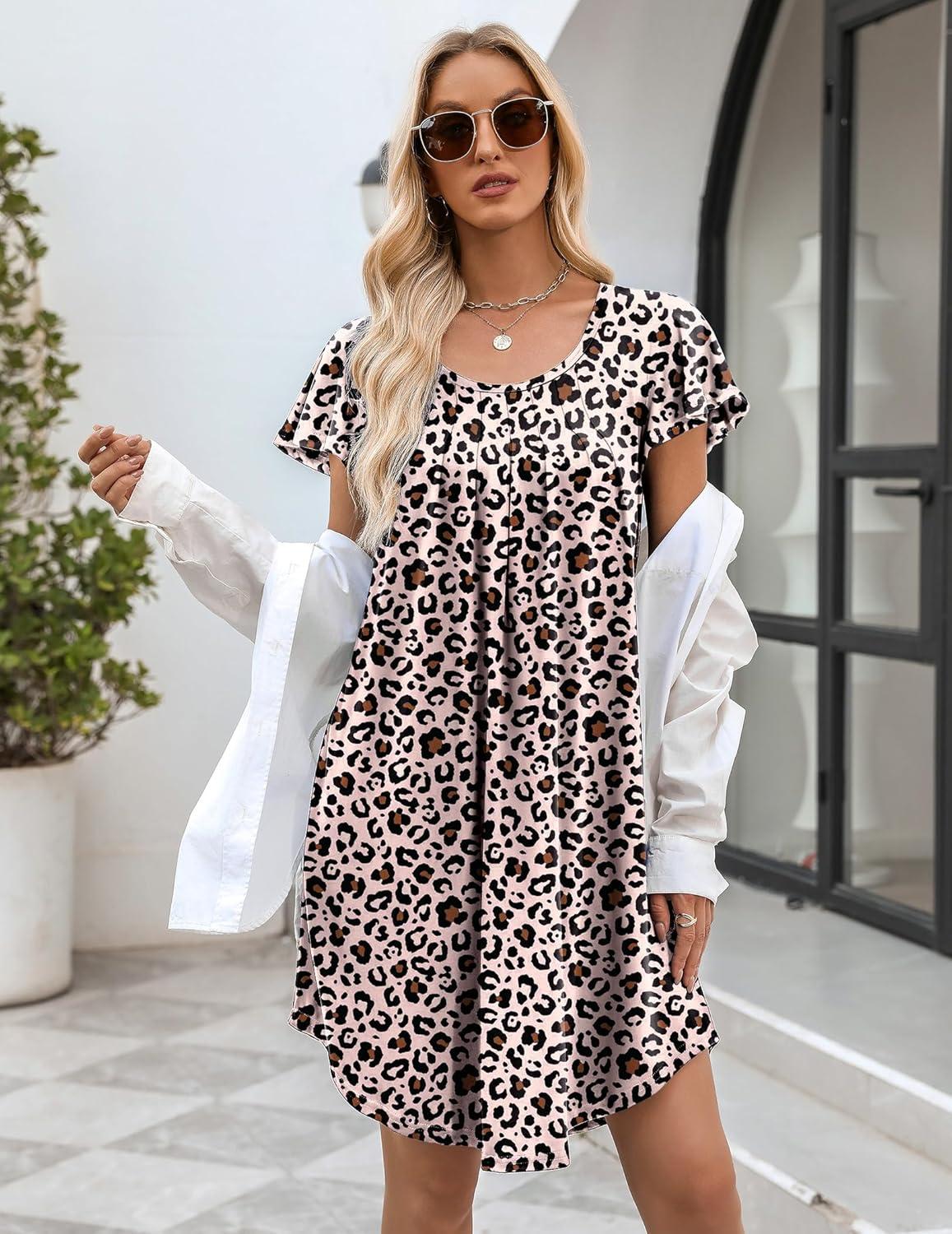 imageEkouaer Womens Nightgown Soft Sleepwear Pleated Sleepshirt Sleep Dress Short Sleeve Nightdress S3XLLeopard Printed