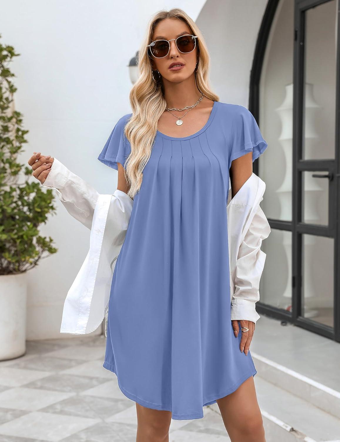 imageEkouaer Womens Nightgown Soft Sleepwear Pleated Sleepshirt Sleep Dress Short Sleeve Nightdress S3XLLight Blue