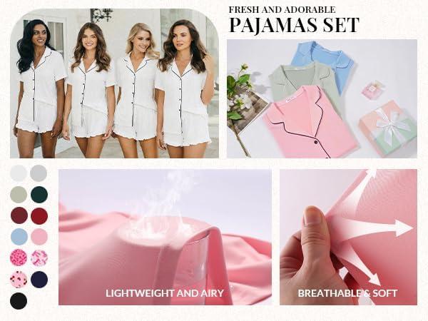 imageEkouaer Womens Pajama Sets Button Down Short Sleeve Top and Shorts Cute Pjs Sets SleepwearPink Bow