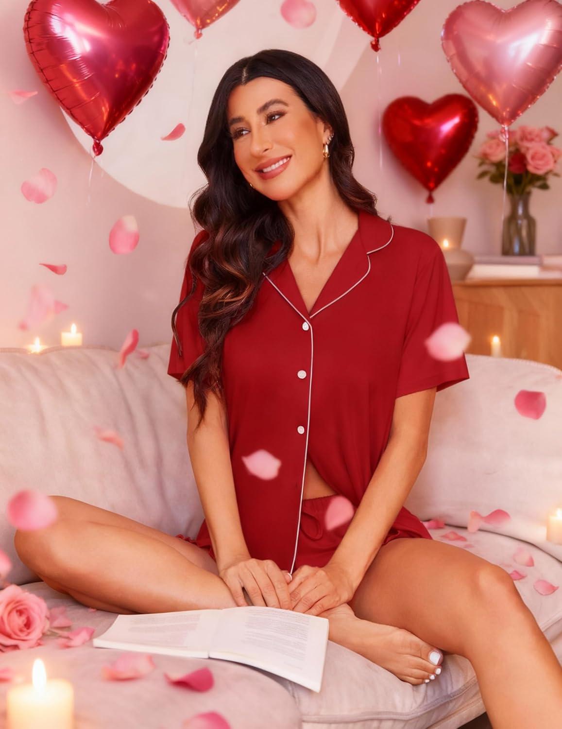 imageEkouaer Womens Pajama Sets Button Down Short Sleeve Top and Shorts Cute Pjs Sets SleepwearRed