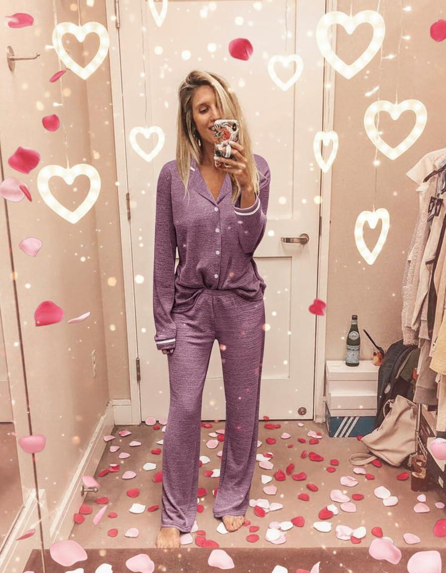 imageEkouaer Womens Pajama Sets Long Sleeve Button Down 2 Piece Pjs Soft Lounge Sets Notch Collar SleepwearCherry Red