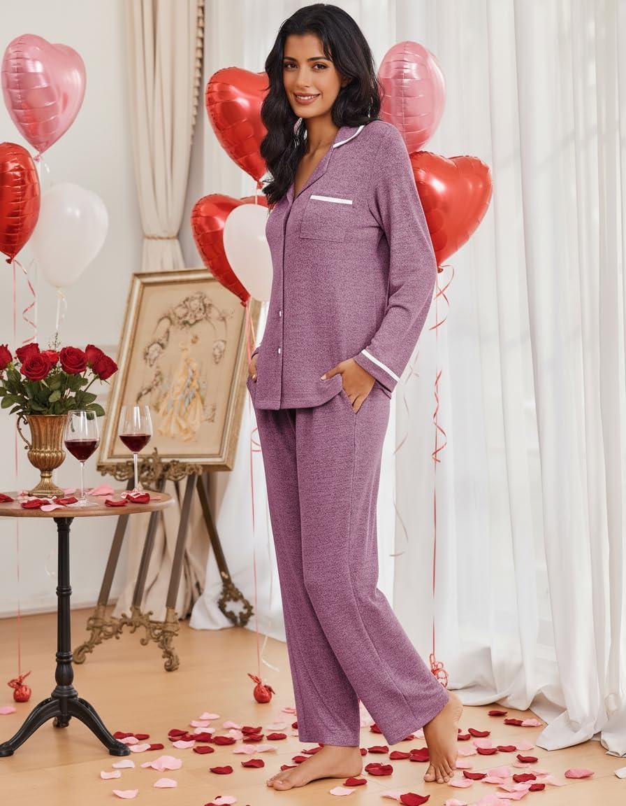 imageEkouaer Womens Pajama Sets Long Sleeve Button Down 2 Piece Pjs Soft Lounge Sets Notch Collar SleepwearCherry Red