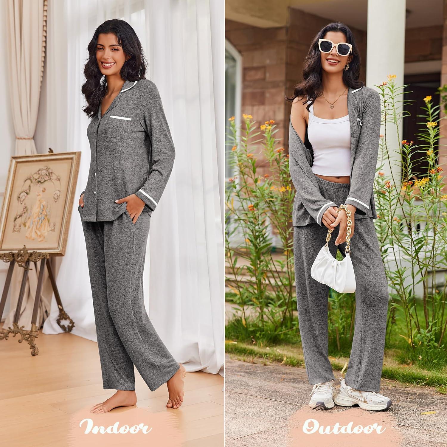 imageEkouaer Womens Pajama Sets Long Sleeve Button Down 2 Piece Pjs Soft Lounge Sets Notch Collar SleepwearDark Grey