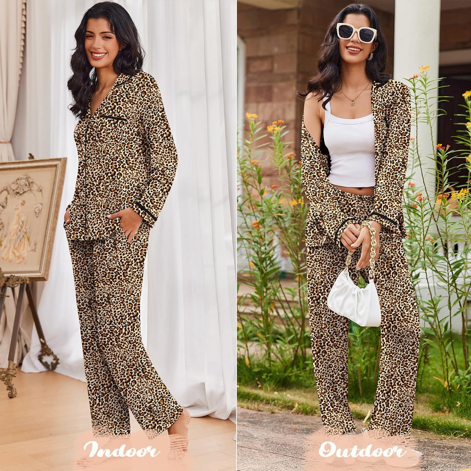 imageEkouaer Womens Pajama Sets Long Sleeve Button Down 2 Piece Pjs Soft Lounge Sets Notch Collar SleepwearLeopard
