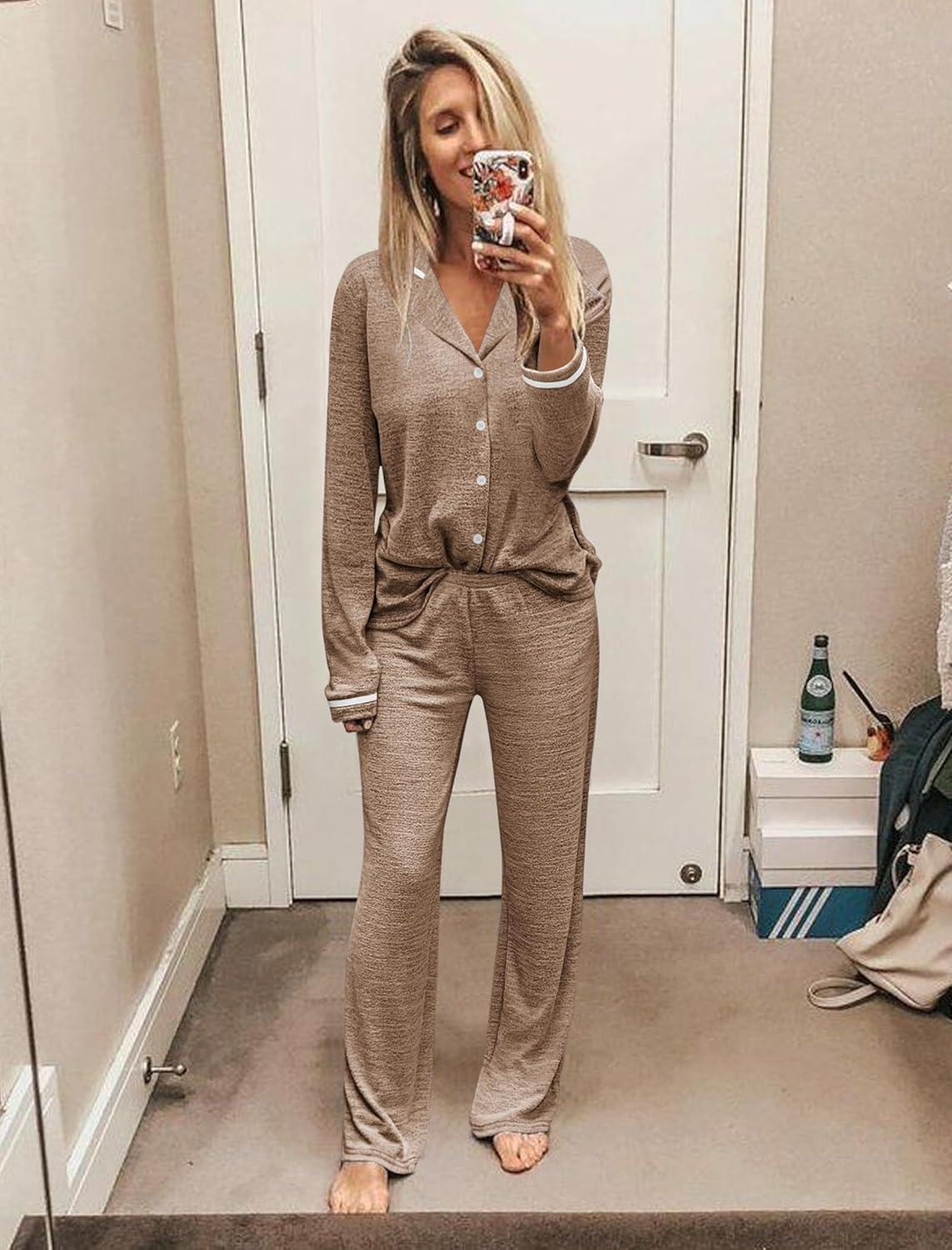 imageEkouaer Womens Pajama Sets Long Sleeve Button Down 2 Piece Pjs Soft Lounge Sets Notch Collar SleepwearLight Brown