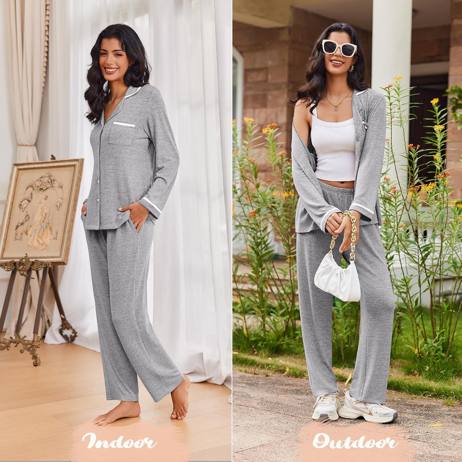 imageEkouaer Womens Pajama Sets Long Sleeve Button Down 2 Piece Pjs Soft Lounge Sets Notch Collar SleepwearLight Grey