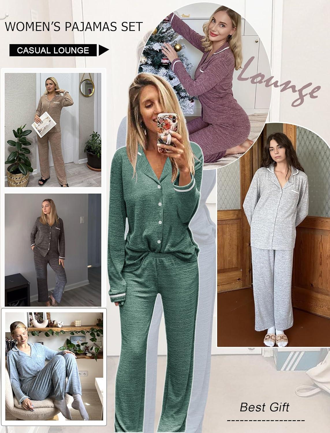 imageEkouaer Womens Pajama Sets Long Sleeve Button Down 2 Piece Pjs Soft Lounge Sets Notch Collar SleepwearLight Grey