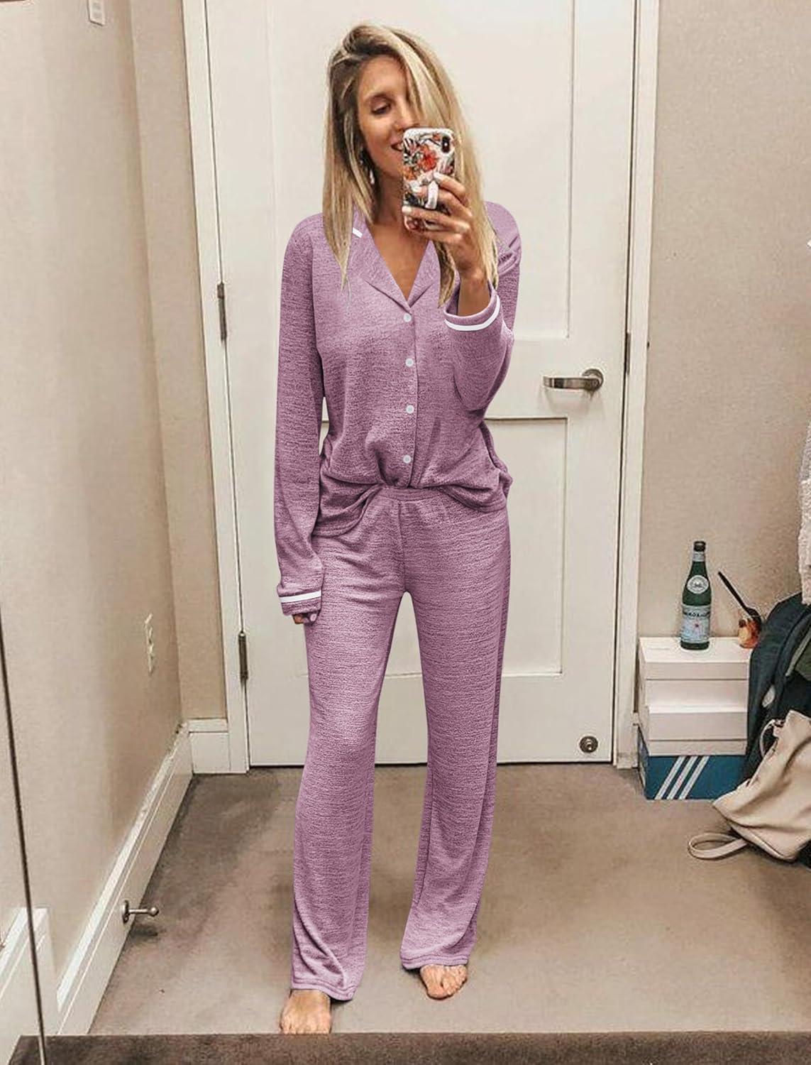 imageEkouaer Womens Pajama Sets Long Sleeve Button Down 2 Piece Pjs Soft Lounge Sets Notch Collar SleepwearLilac