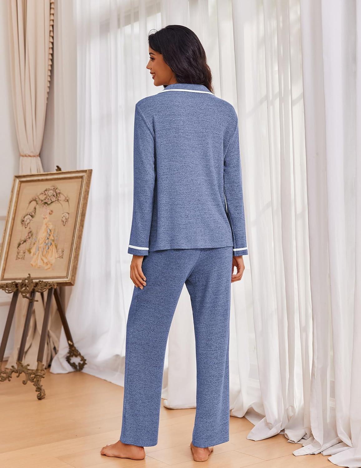 imageEkouaer Womens Pajama Sets Long Sleeve Button Down 2 Piece Pjs Soft Lounge Sets Notch Collar SleepwearNavy