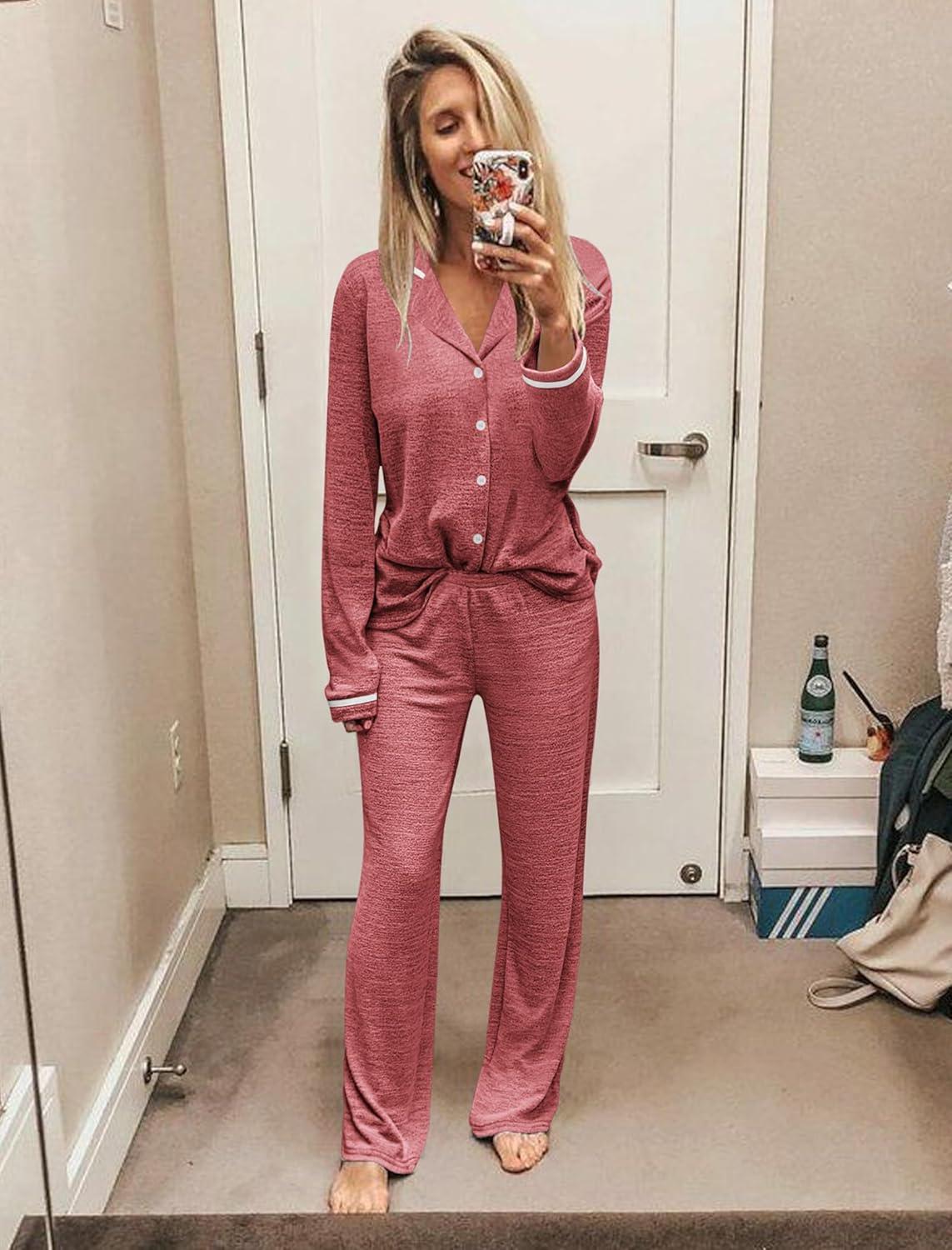 imageEkouaer Womens Pajama Sets Long Sleeve Button Down 2 Piece Pjs Soft Lounge Sets Notch Collar SleepwearOrange Red