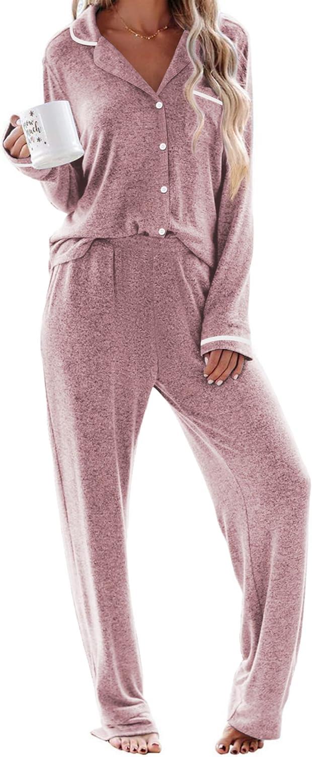 imageEkouaer Womens Pajama Sets Long Sleeve Button Down 2 Piece Pjs Soft Lounge Sets Notch Collar SleepwearPink