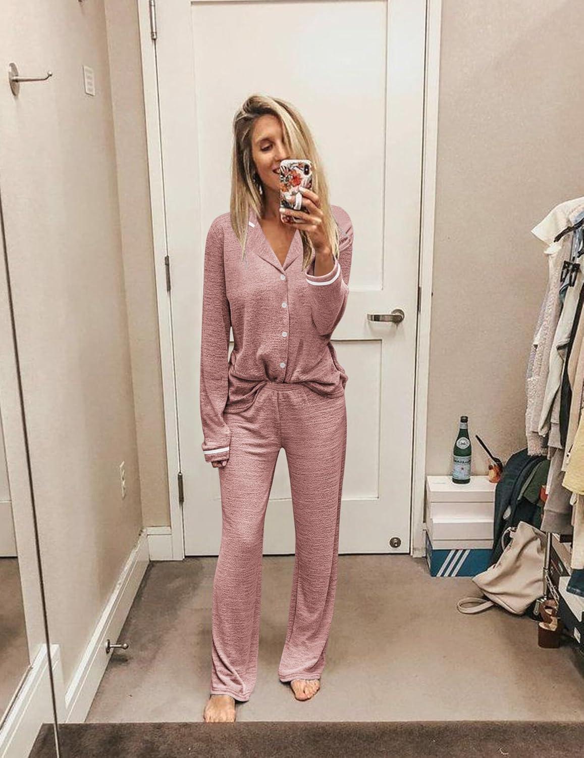 imageEkouaer Womens Pajama Sets Long Sleeve Button Down 2 Piece Pjs Soft Lounge Sets Notch Collar SleepwearPink