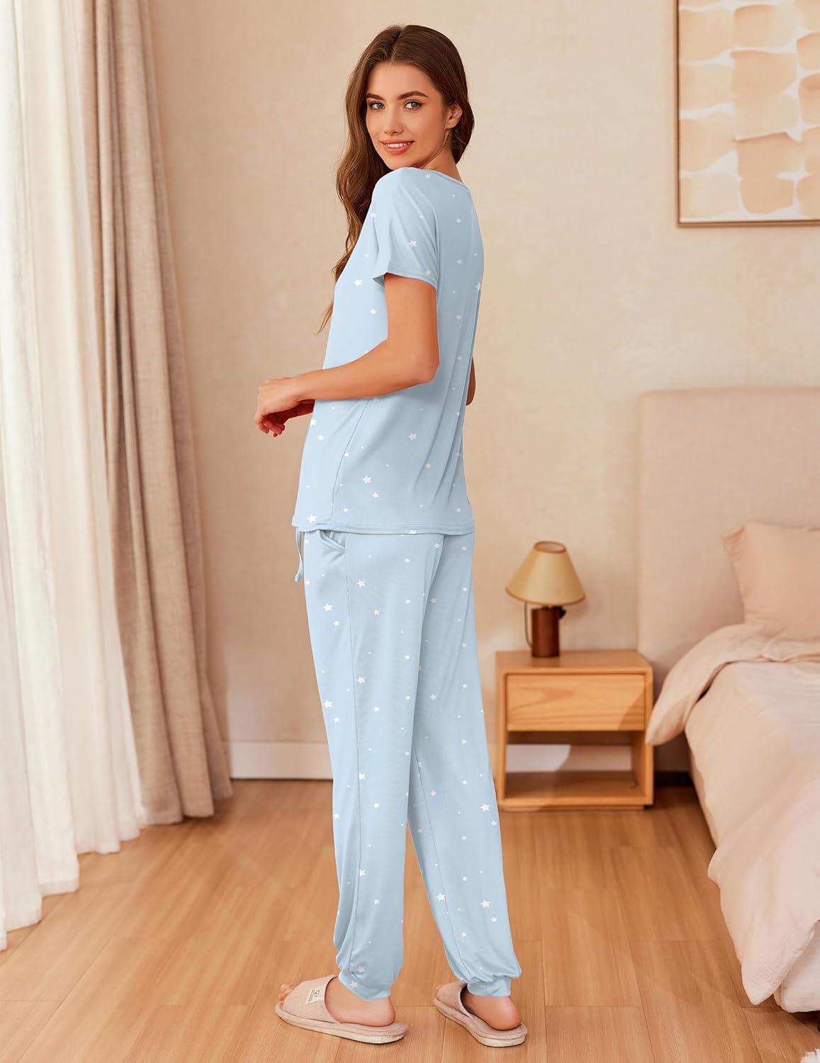 imageEkouaer Womens Pajama Sets Short Sleeve Lounge Sets for Women Printed Jogger Pajama Set 2 Piece Pj Sets With Pockets SXXLBlue Star