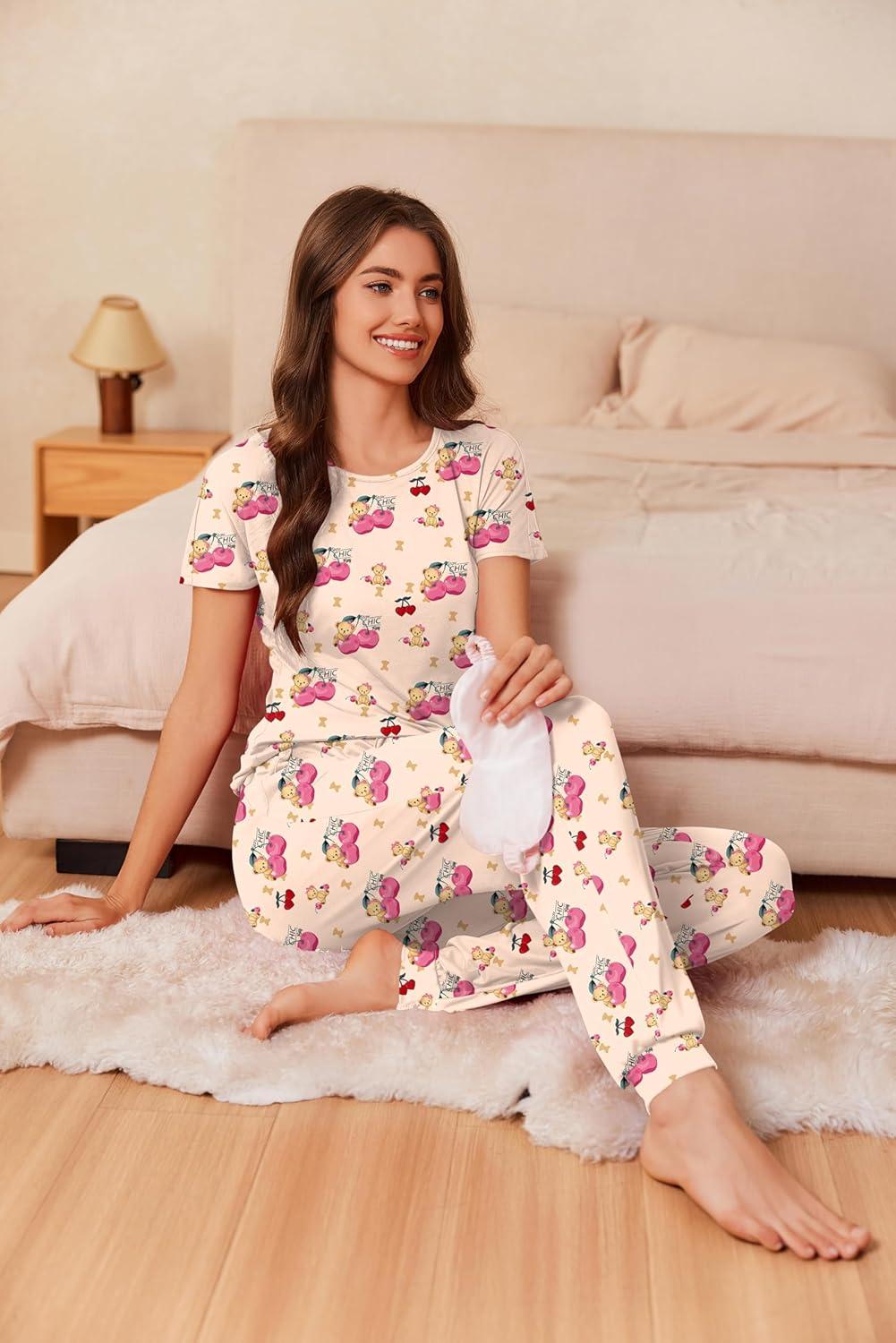 imageEkouaer Womens Pajama Sets Short Sleeve Lounge Sets for Women Printed Jogger Pajama Set 2 Piece Pj Sets With Pockets SXXLCherry Teddy Bear
