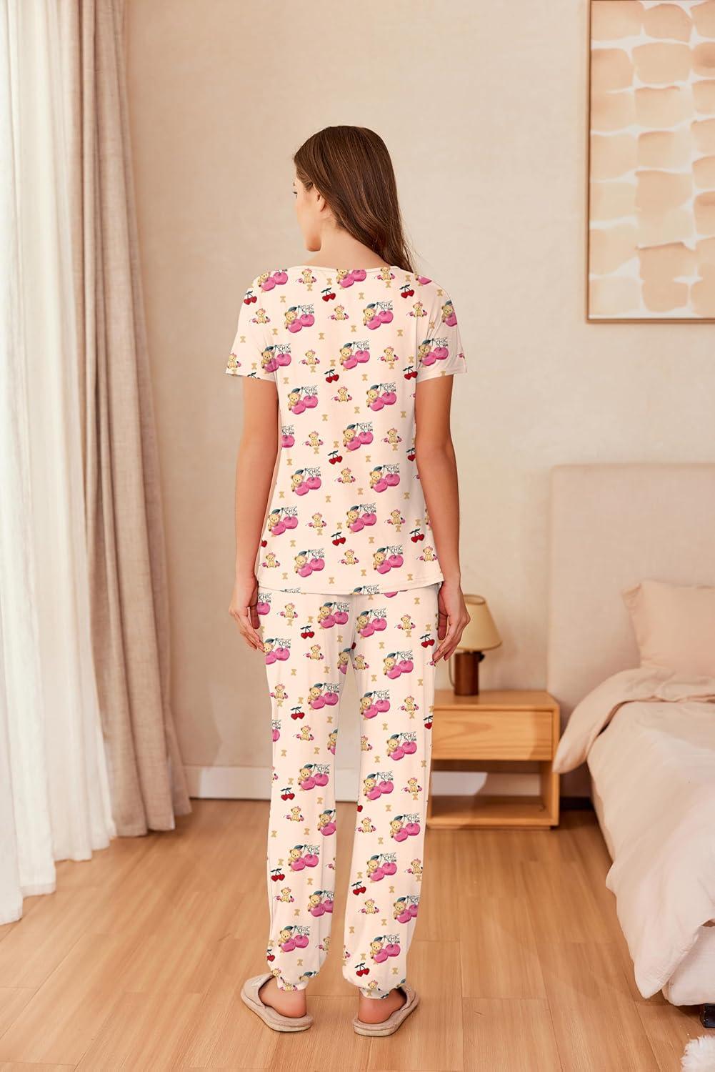 imageEkouaer Womens Pajama Sets Short Sleeve Lounge Sets for Women Printed Jogger Pajama Set 2 Piece Pj Sets With Pockets SXXLCherry Teddy Bear
