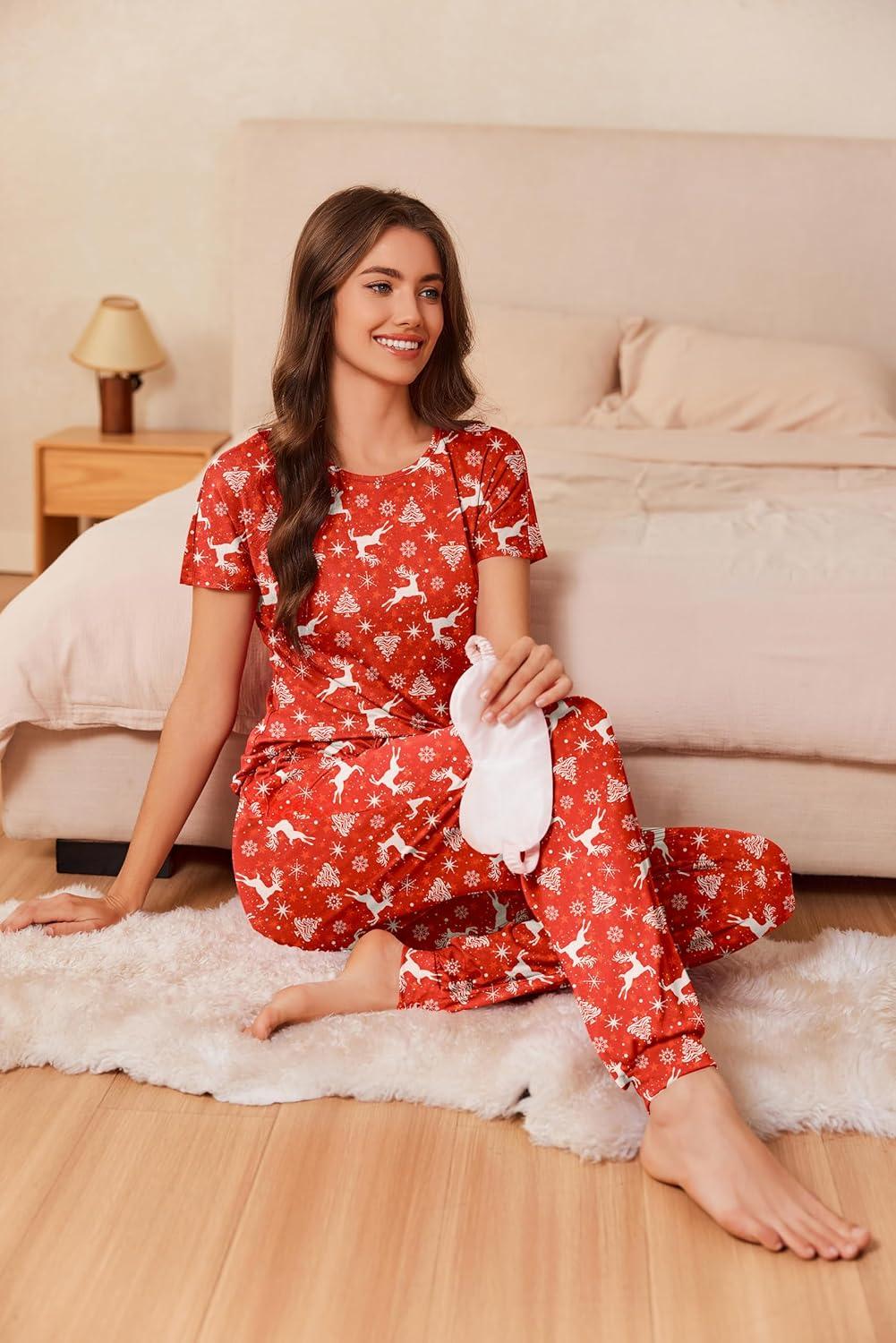 imageEkouaer Womens Pajama Sets Short Sleeve Lounge Sets for Women Printed Jogger Pajama Set 2 Piece Pj Sets With Pockets SXXLElk