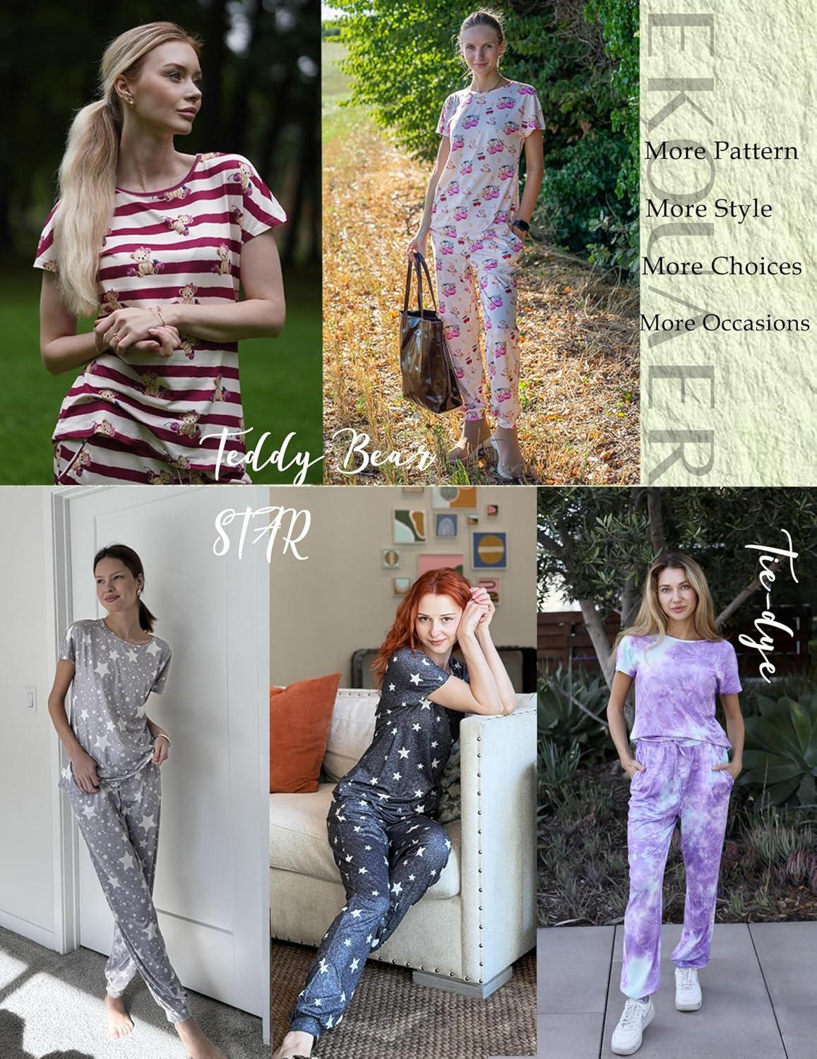 imageEkouaer Womens Pajama Sets Short Sleeve Lounge Sets for Women Printed Jogger Pajama Set 2 Piece Pj Sets With Pockets SXXLElk
