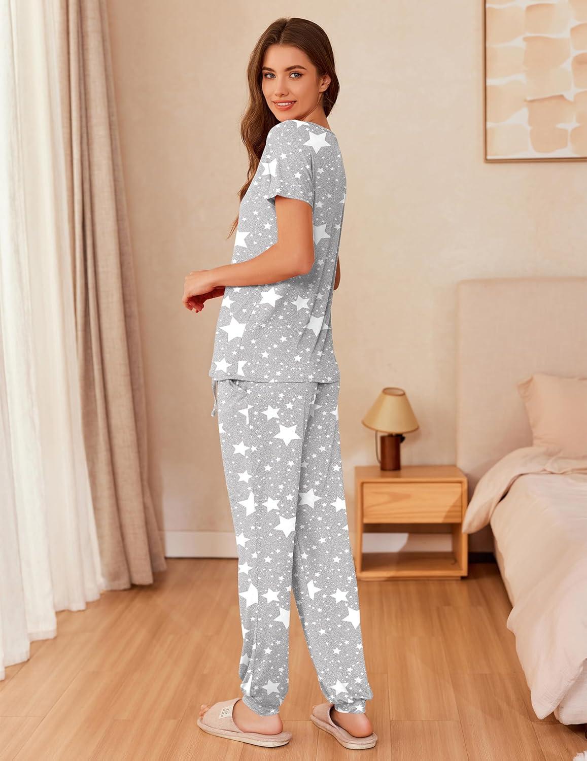 imageEkouaer Womens Pajama Sets Short Sleeve Lounge Sets for Women Printed Jogger Pajama Set 2 Piece Pj Sets With Pockets SXXLLight Grey Star