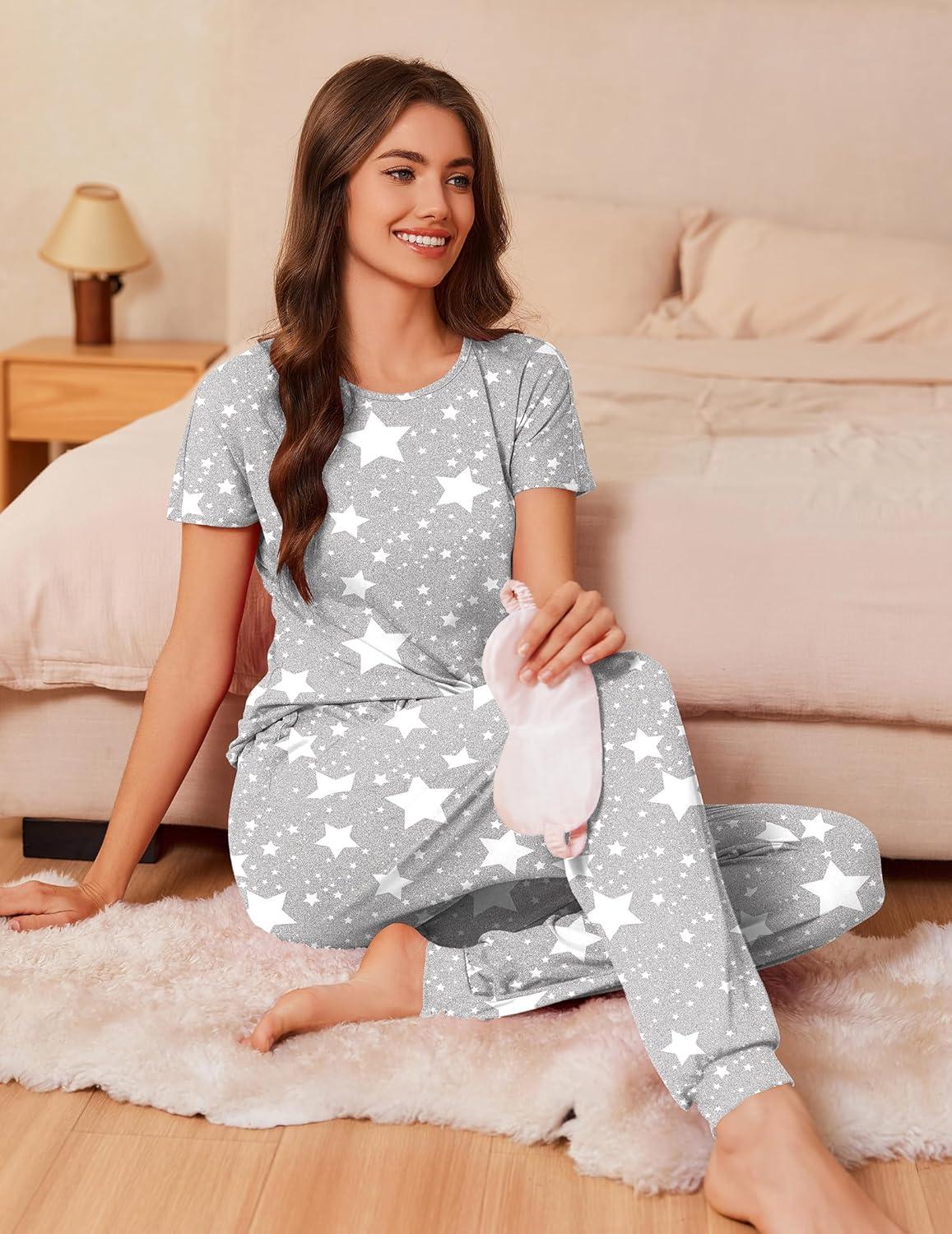 imageEkouaer Womens Pajama Sets Short Sleeve Lounge Sets for Women Printed Jogger Pajama Set 2 Piece Pj Sets With Pockets SXXLLight Grey Star